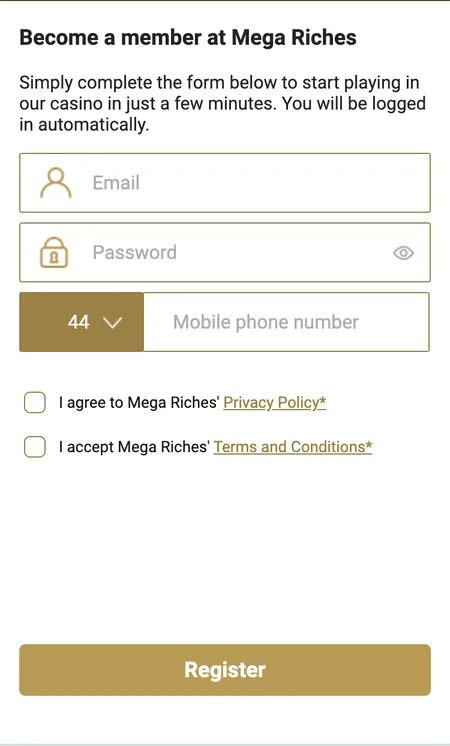 First step of Mega Riches account registration