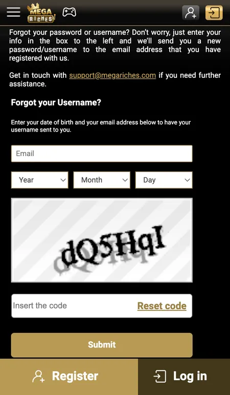 Mega Riches password reset screen with email field
